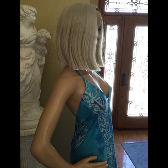 Bohemian Tie Dye Maxi Dress, Halter Backless, Asymmetrical Swim Cover Up Turq OS - Picture 6 of 16